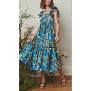 Cara Cara Midi Floral Flutter-Sleeve Smocked Darby Dress